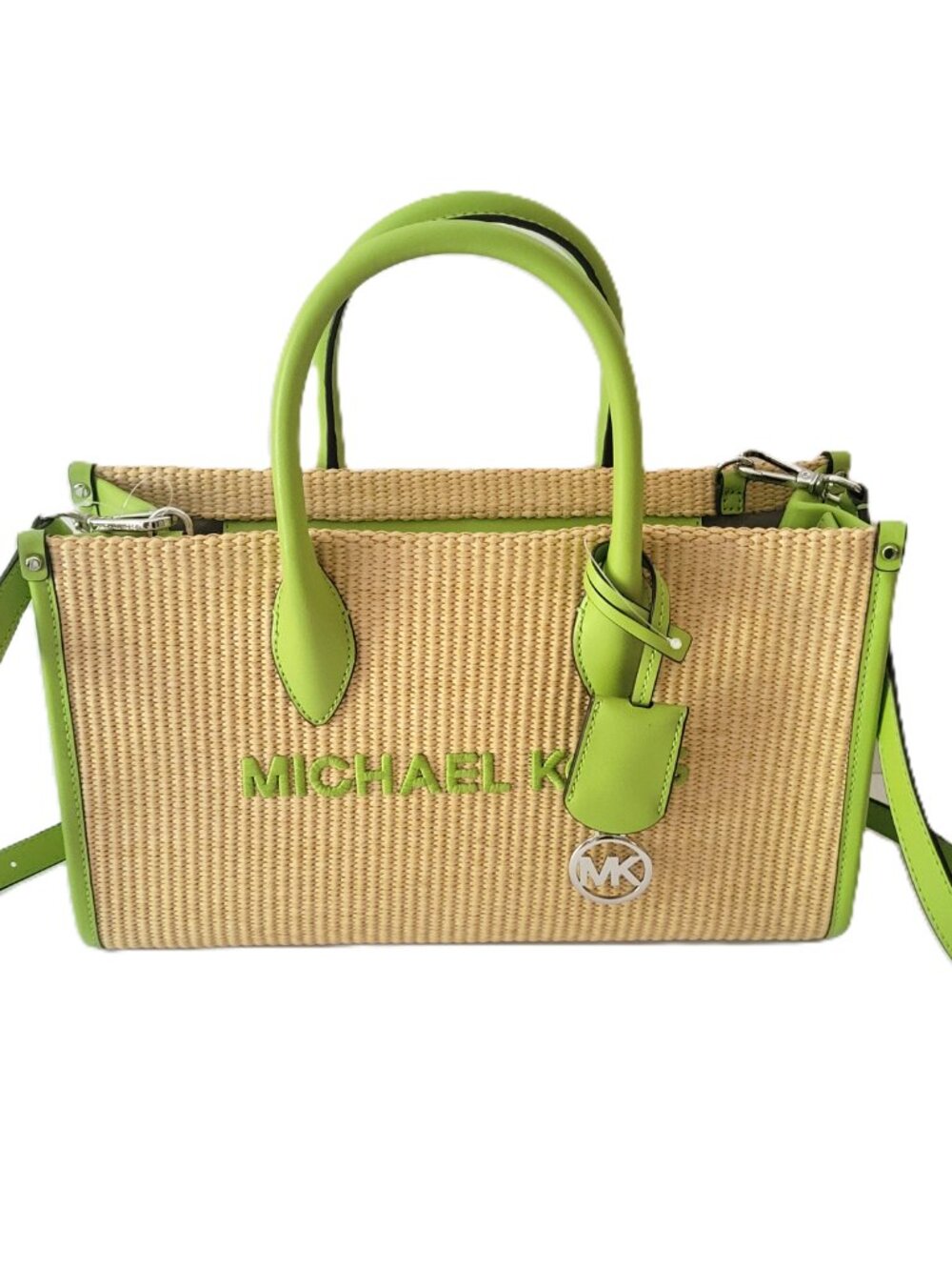 Michael Kors Mirella Medium EW Top Zip Satchel Lime Woven Straw Faux Leather - Picture 2 of 7